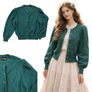 VTG Sigi Scheiber 100% Wool Cardigan Puff Sleeve Cottagecore Austria Green 40(M)